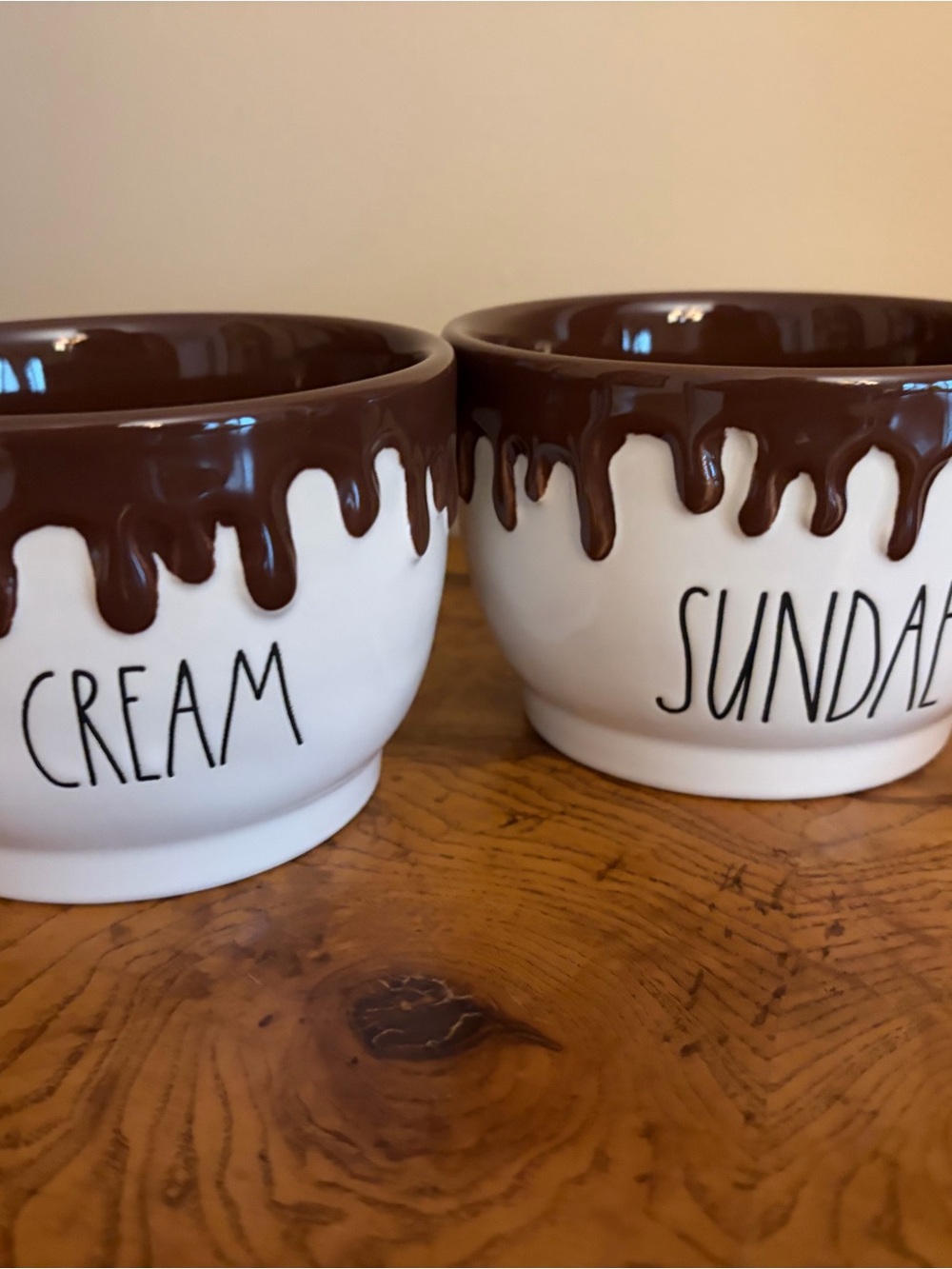 Rae Dunn Ice Cream & Sundae Ceramic  Bowls - White with Brown Drip